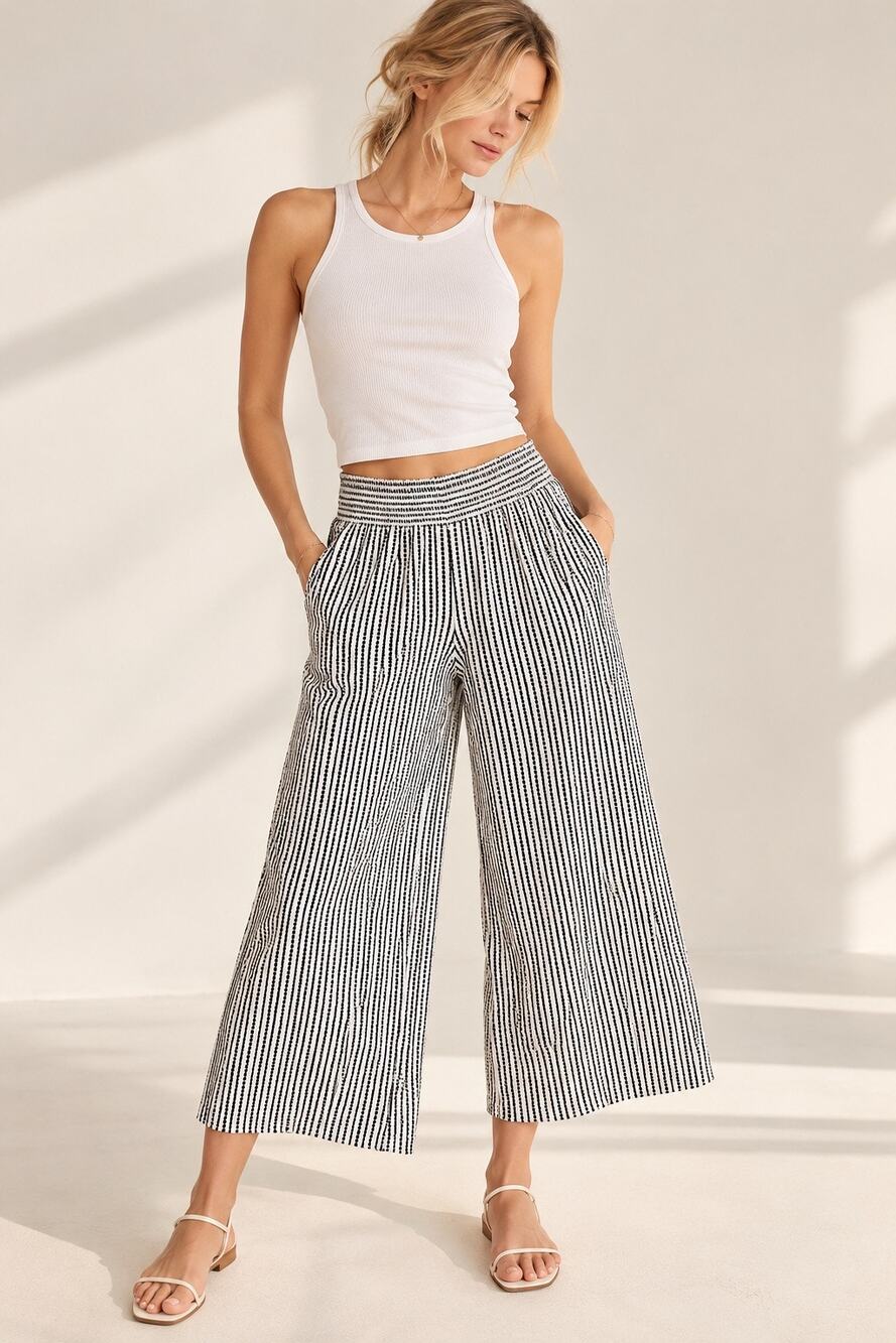 Max Studio XS Black White Dotted Stripe Wide Leg Cropped Pull On Palazzo Pants